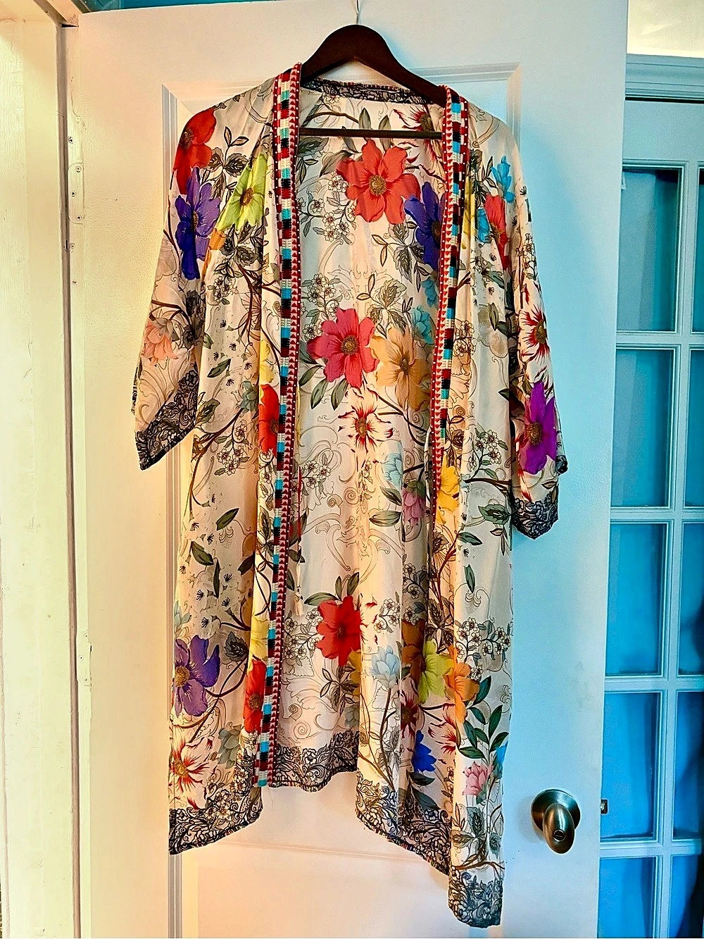Johnny Was Floral Silk Kimono in White & Red Like New